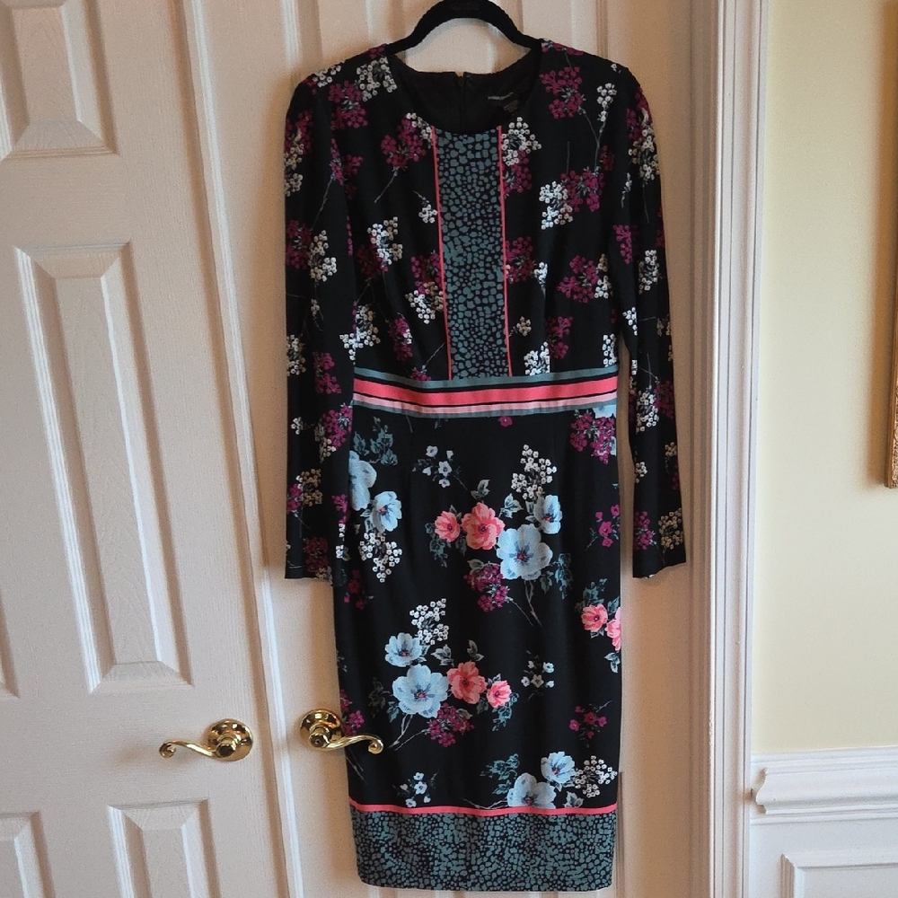 Black Floral Long-Sleeve Sheath Dress with Pink & Blue Accents